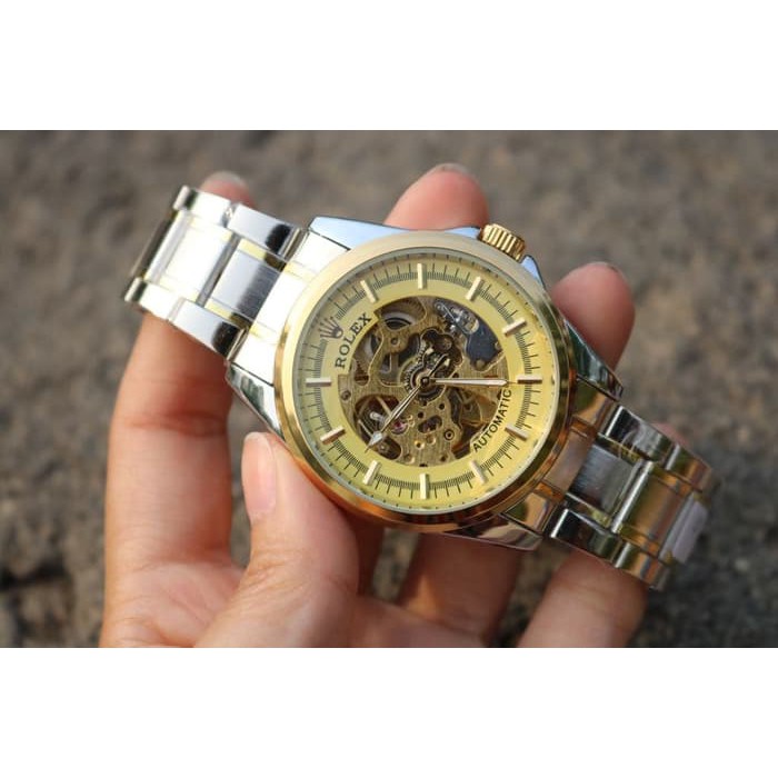 JAM TANGAN PRIA ROLEX AUTOMATIC SKELETON BESAR SILVER GOLD (GOLD)