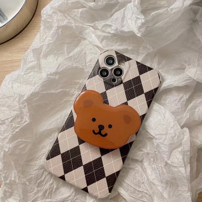 [PRE ORDER] Brown Beige Bear Popsocket Diamond Pattern Leather Rubber Case for Iphone 7 8 Plus X Xs 