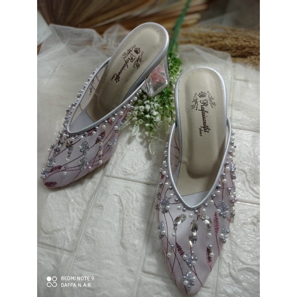 sepatu Marrisa purple silver bunga tinggi 7cm kaca