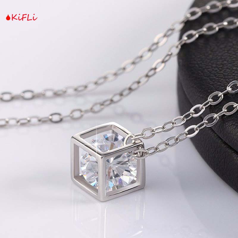 Kalung Alloy Anti Karat,Crystal Rantai dengan Liontin,Batu Zircon Bentuk Kotak,untuk Wanita