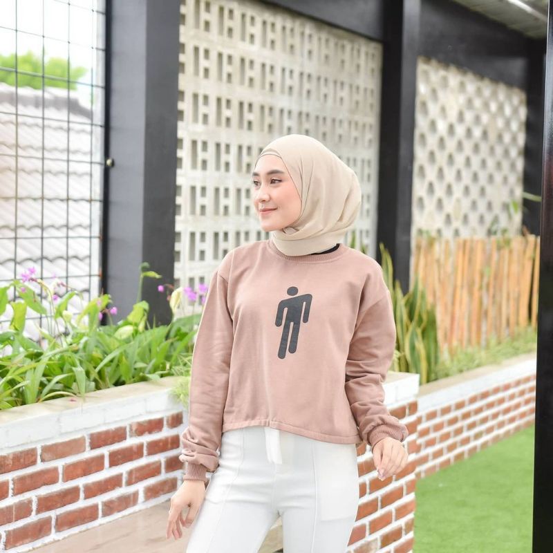 sweater Billie ellish human crop cropped mocca coklat swag Harajuku// crewneck sweetshirt wanita pria perempuan laki cewe cowo unisex bahan fleece// sweater distro viral// Women Man Sweatshirts Loose Oversize Pullover print sablon