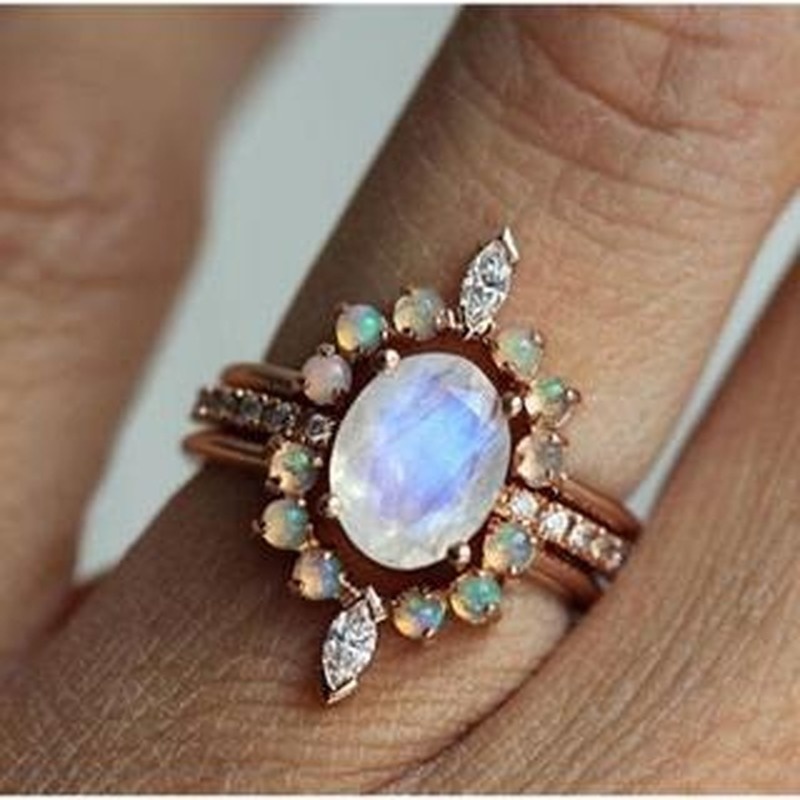 Cincin Zircon Opal Bulat Warna Rose Gold Untuk Wanita