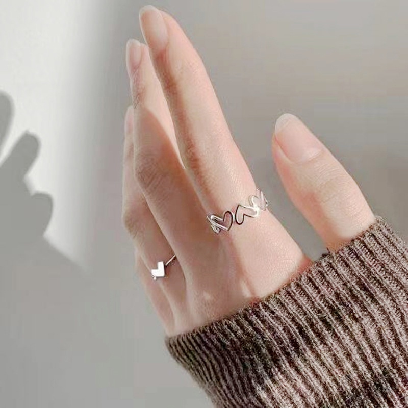 2pcs / Set Cincin Bentuk Hati Model Terbuka Warna Silver Dapat Disesuaikan Untuk Wanita