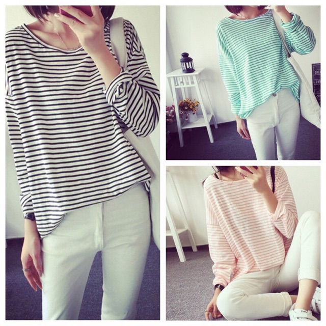 Kaos T-shirt Wanita Longgar Lengan Panjang Garis Garis Stripe