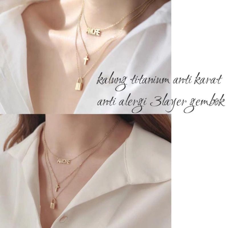 [COD] kalung wanita titanium anti karat/ kalung model 3 layer gembok dan salib fashion korea