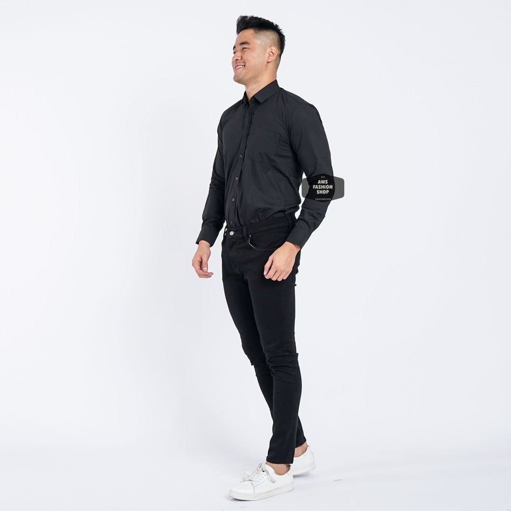 KEMEJA PRIA LENGAN PANJANG POLOS HITAM PEKAT BLACK SLIMFIT CASUAL 3258