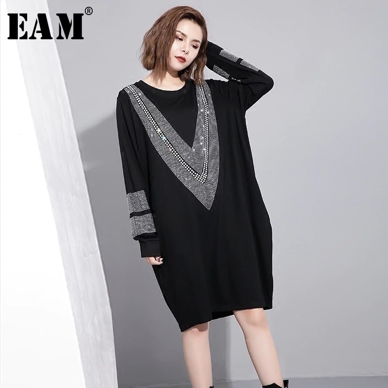 PROMO [EAM] 2020 Spring  Round Neck Long Sleeve Solid Color Black Diamoned Loose Big Size Dress