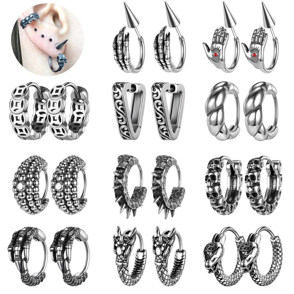 1 Pasang Anting Kait Desain Kepala Naga Tengkorak Ular Bahan Stainless Steel Gaya Punk Rock