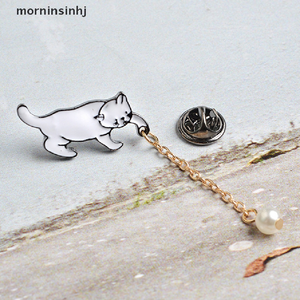 Mornin Bros Pin Enamel Kucing Lucu Hias Mutiara Untuk Aksesoris Kerah Kemeja Wanita