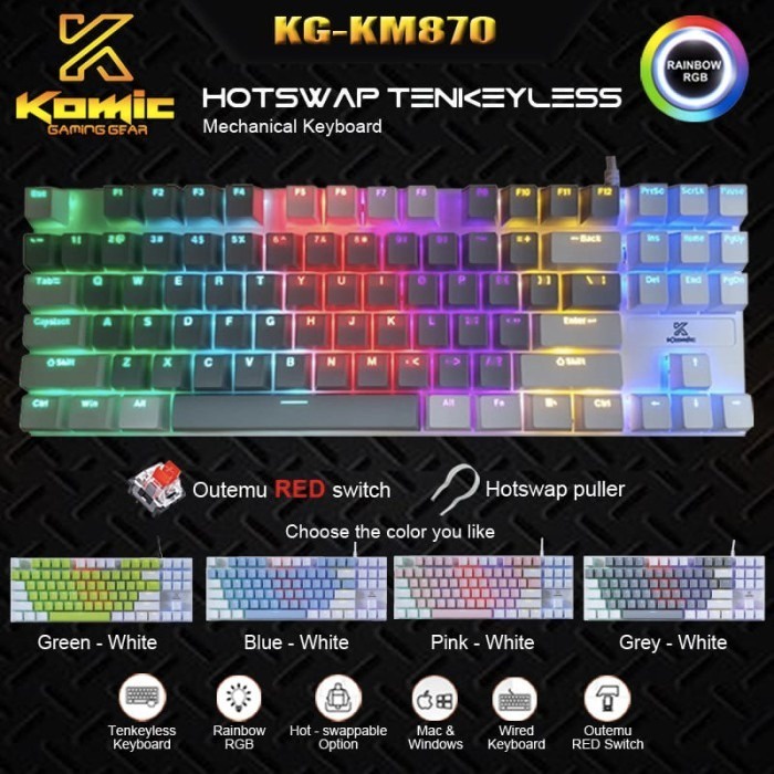 Keyboard Gaming KOMIC KG-KM870 Mechanical Hotswap Red Switch TKL Wired