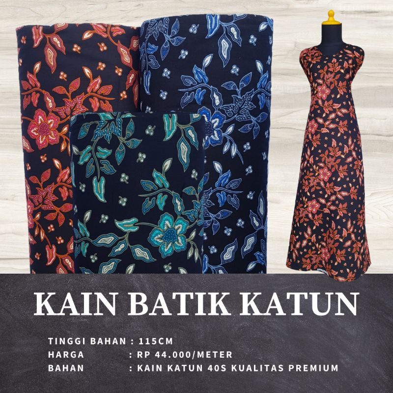 Kain Batik Meteran Bahan Katun Kualitas Premium / Motif Terbaru Bunga Dasar Hitam