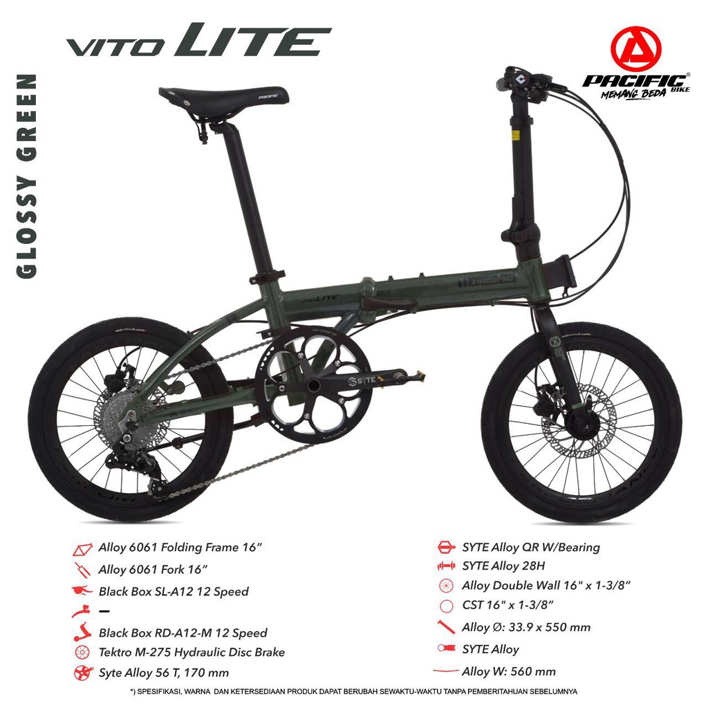 Sepeda folding lipat16 pacific ViTo Lite hydraulic 12 speed NEGO