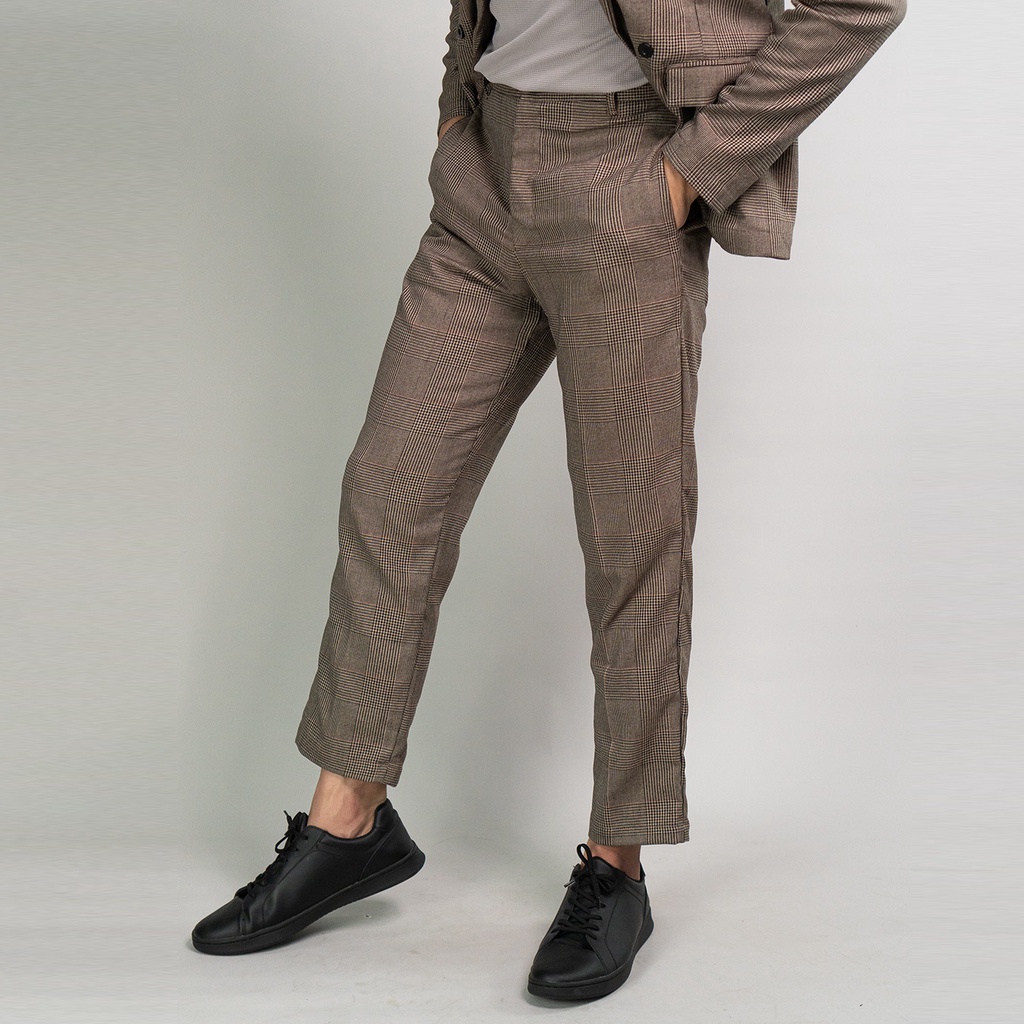 Glen Check Plaid Brown Ankle Pants