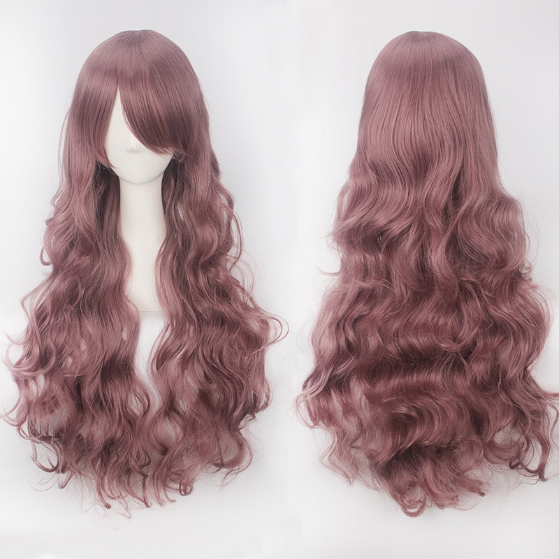 K027 wig base wavy 80 cm curly wanita cosplay rambut palsu daily lolita gelombang hitam putih abu