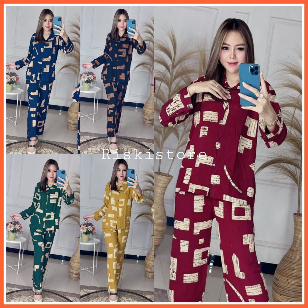 (BISA COD) One Set Pajamas Rayon Lengan Panjang - Setelan Motif Urat Kayu - One Set Rayon Motif - Se