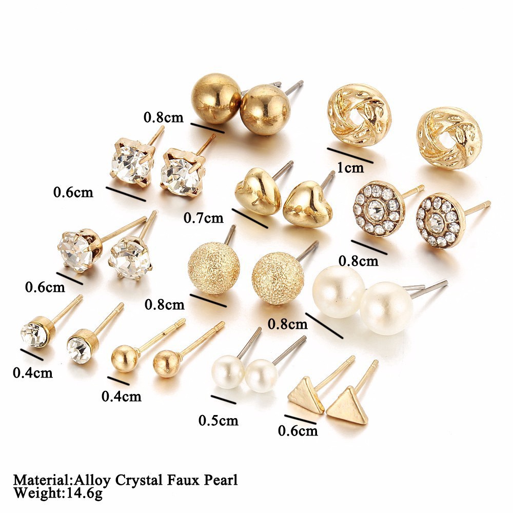 12 Pasang / Set Anting Stud Rumbai Kristal Mutiara Gaya Elegan Untuk Wanita