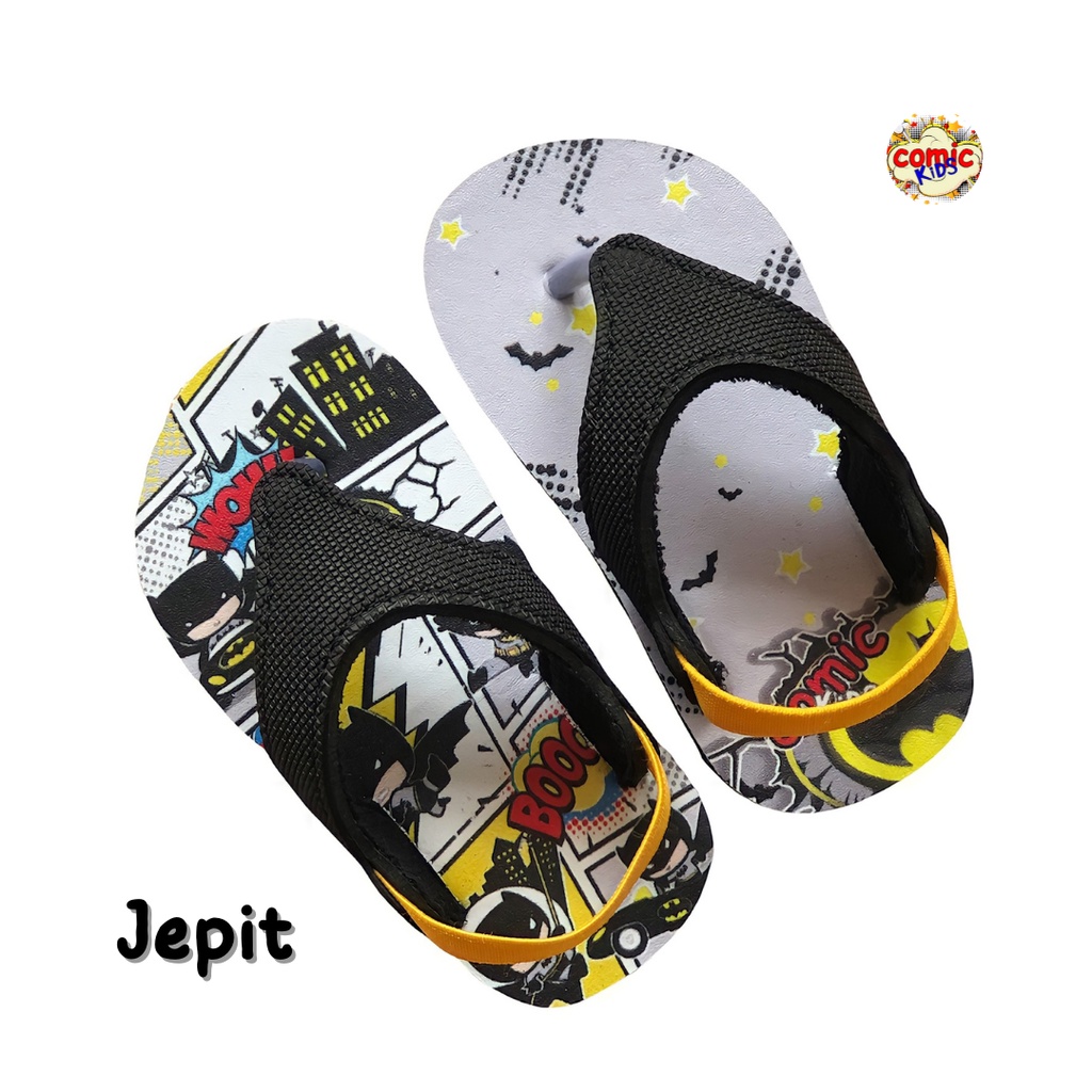 COMICKIDS Sandal Anak Laki Laki Sendal Jepit Anak Bayi Sepatu Sandal Selop Slop Batman Warna Hitam Black Kids Slippers Flip Flop Bayi 1 Tahun 2 Tahun 3 Tahun Gambar Superhero BATMAN