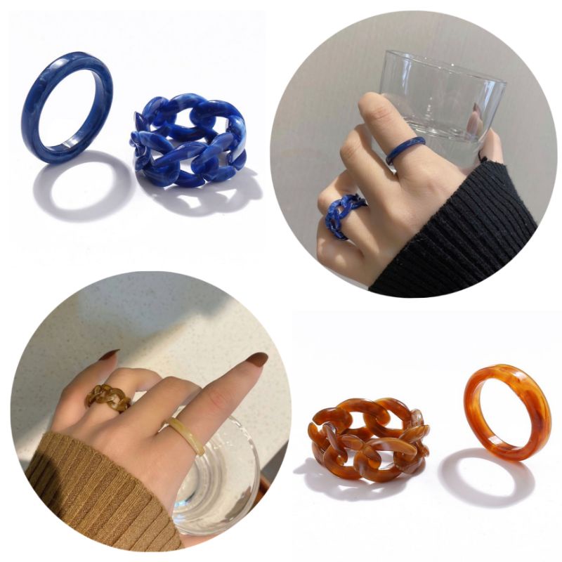 Set (2 buah) Cincin Akrilik Resin Rantai Bulat Acrilic Ring Korean Style Gaya Korea Punk Hip Hop