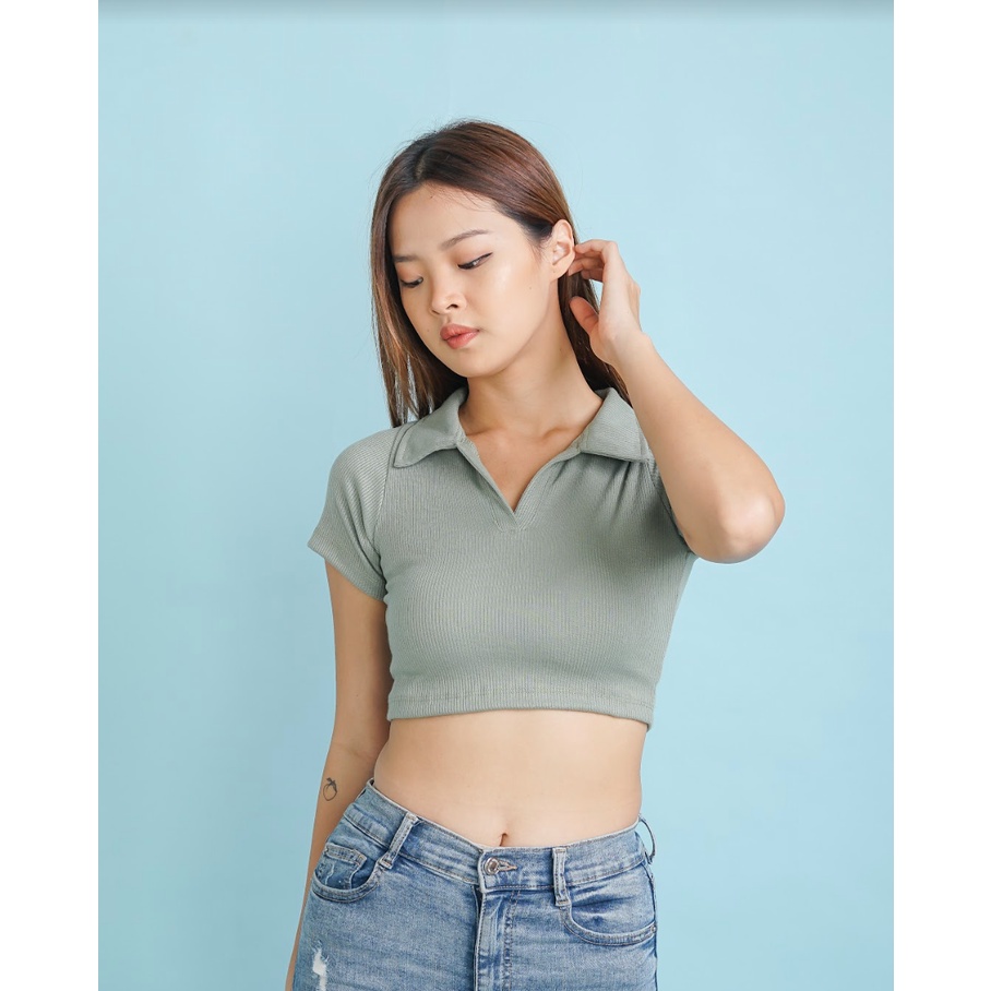 MODAVIE - LAURINE CROP TOP Korea Knit Polo Crop Tee Baju Atasan Wanita Basic Tee