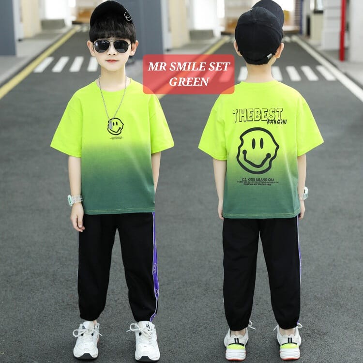 BAJUKIDDIE MR SMILE SET BAJU SETELAN ANAK COWOK KOREA IMPOR FASHION CASUAL DAILY KAOS CELANA PANJANG