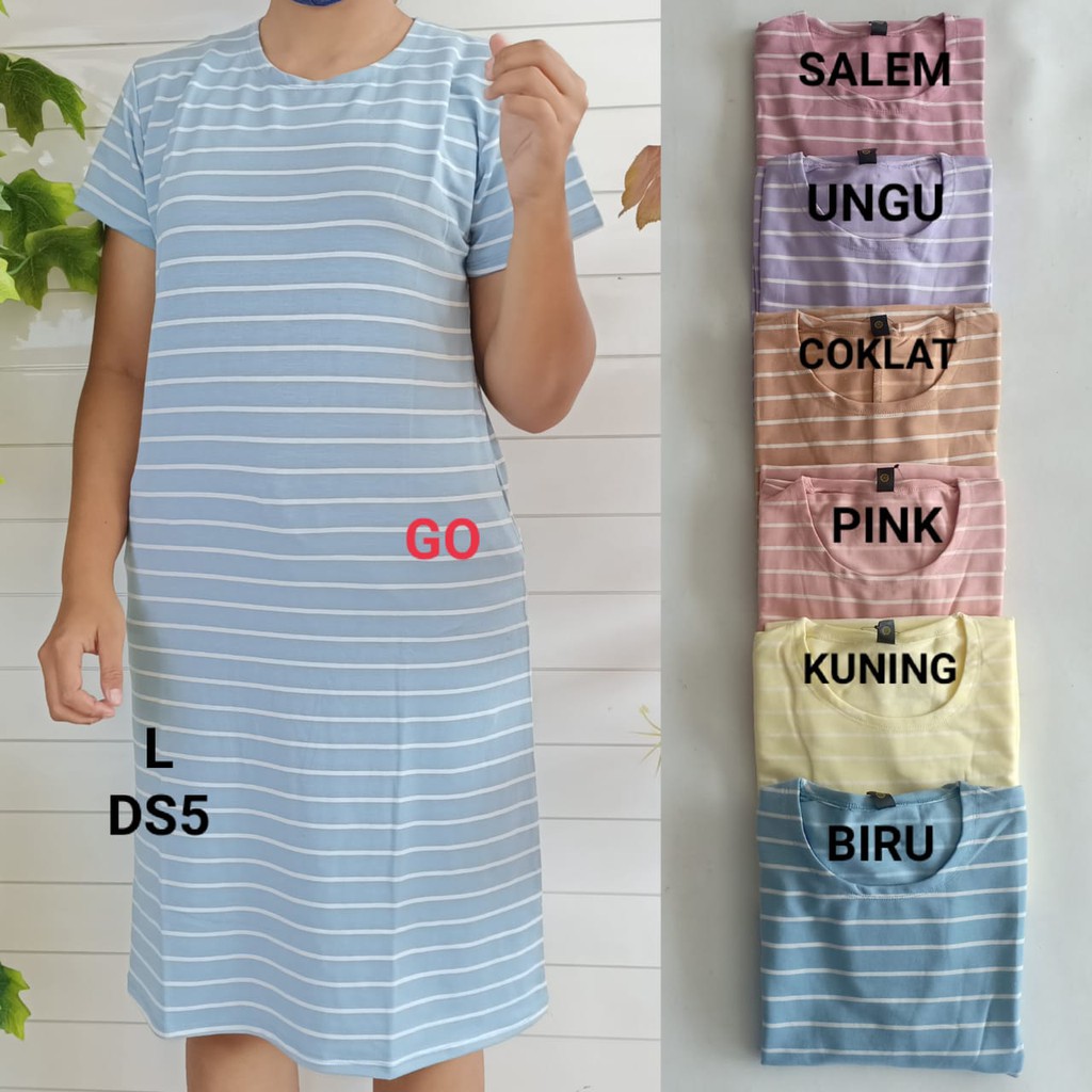 gof DS LMN DRESS/DASTER Wanita Casual Motif Garis Salur Pakaian Perempuan Lengan Pendek