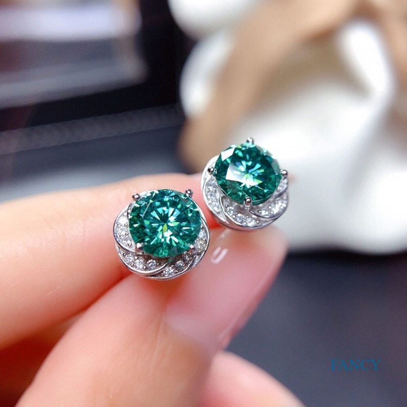 Anting Stud Zircon Bentuk Bunga Bulat Warna Hijau Bahan Silver Untuk Wanita