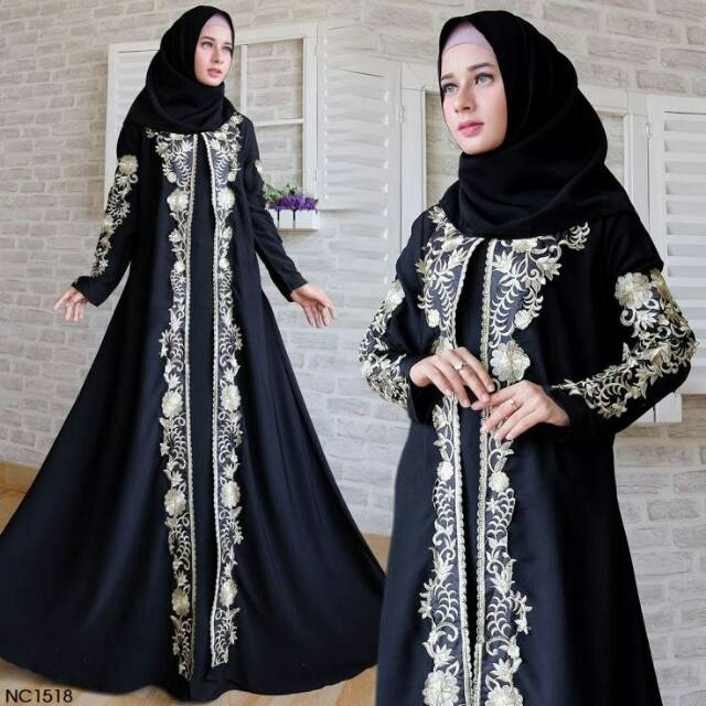 Abaya hanisa woolpeach satu warna layer sisi dengan bordir bunga krancang