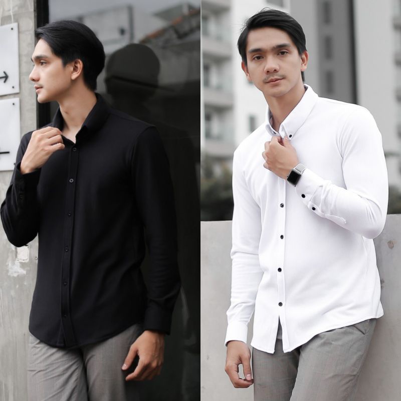 Kemeja Polos Pria Slimfit Panjang Hitam Putih