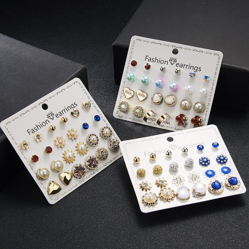 12 Pasang / Set Anting Stud Mutiara Berlian Bentuk Bulat Gaya Korea Untuk Wanita