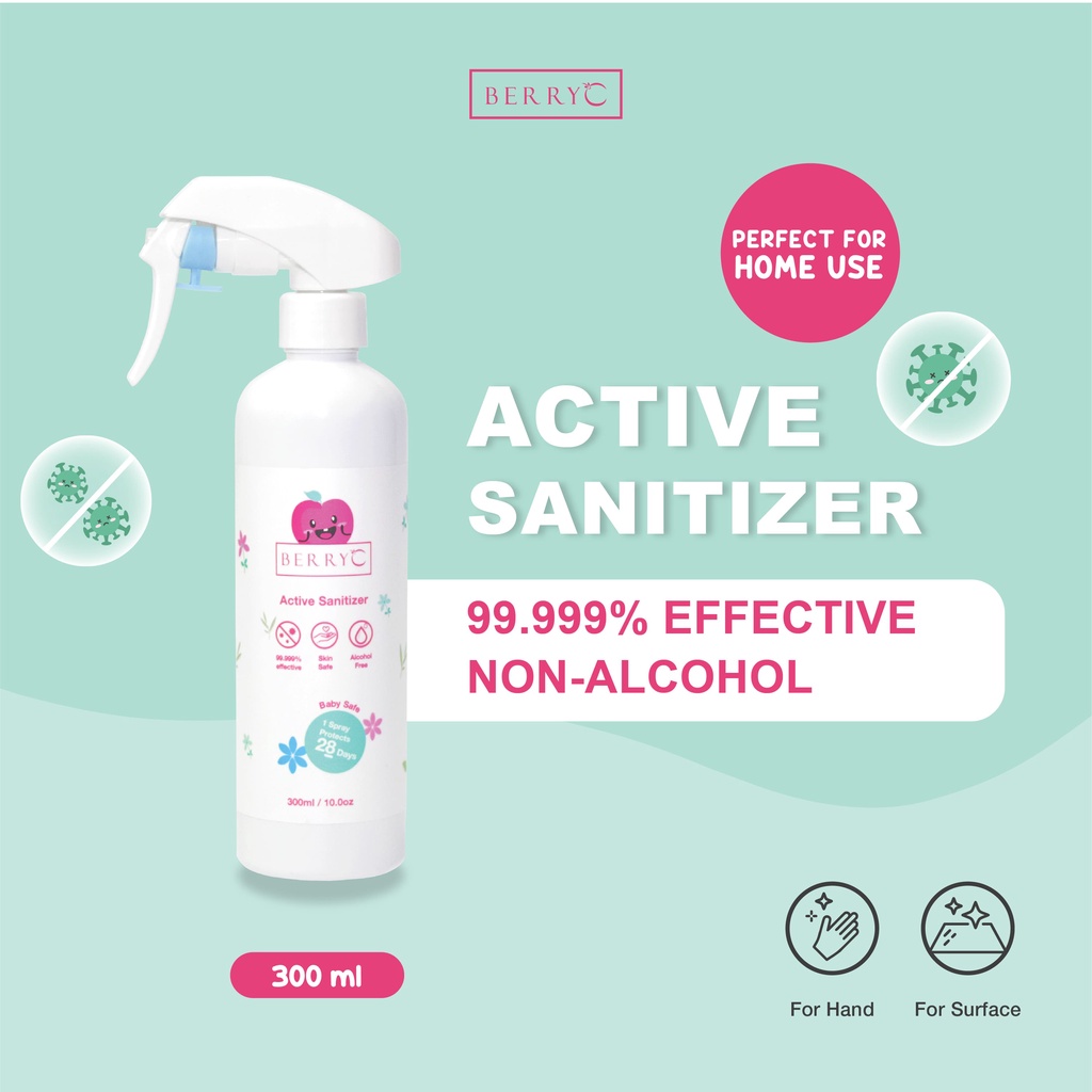 BerryC Active Sanitizer Spray 300ml Natural Food Grade Hand Antiseptik Non Alcohol Alkohol Aman untuk Bayi Anak Dewasa COVID19 HFMD Alat Makan Travel Size Refill Malaysia Halal Proteksi Protection Perlindungan Aktif Coronavirus Organik Harum Sensitif Skin