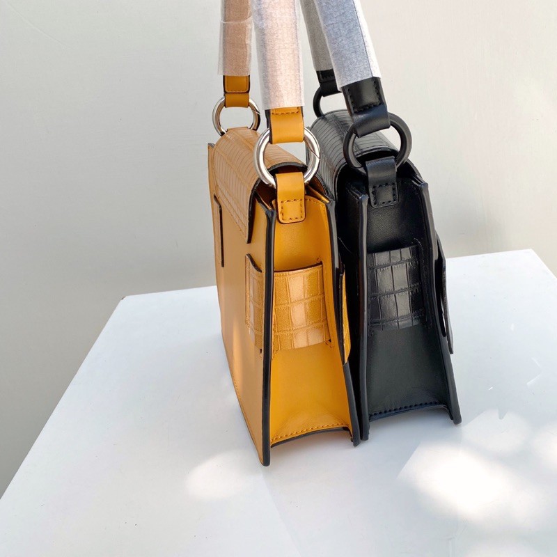 Croc-Effect Buckled Top Handle Bag