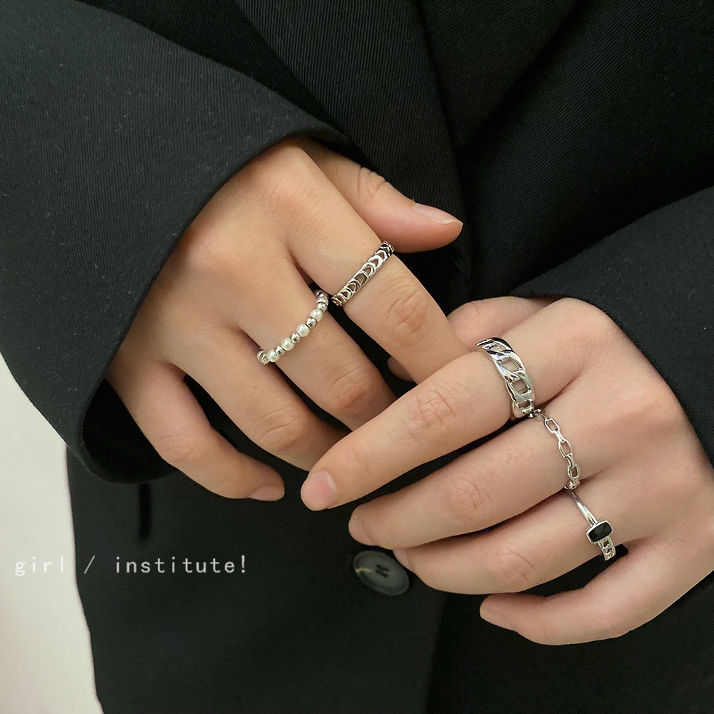 5pcs / Set Cincin Manik-Manik Mutiara Permata Hitam Bentuk Persegi Untuk Aksesoris Perhiasan Wanita