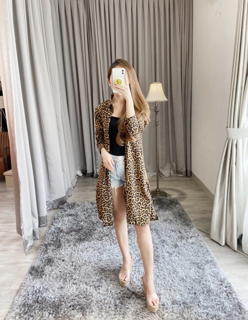 Long kemeja macan tutul / dress kemeja leopard ( free tali belt bahan ) K 8468