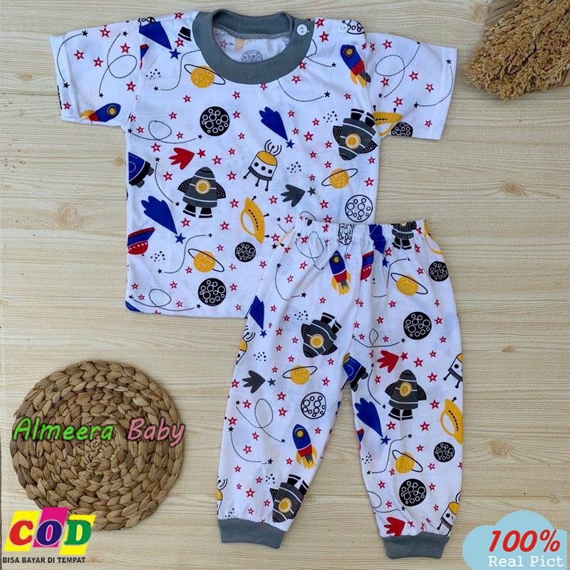 Setelan Baju Bayi Setelan Piyama Bayi Lengan Pendek Celana Panjang Kancing Pundak Usia 3-12 Bulan Almeera Baby and Kids