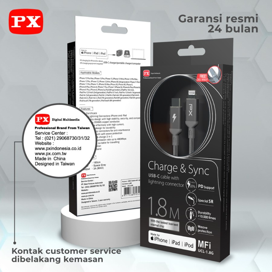 PX UCL-1.8G Kabel Data Type C To Lightning Fast Charging MFi