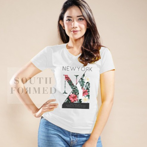 SOUTH FORMED NEW YORK KAOS V NECK / O NECK KATUN PREMIUM ADEM WANITA / CEWEK MOTIF / GAMBAR