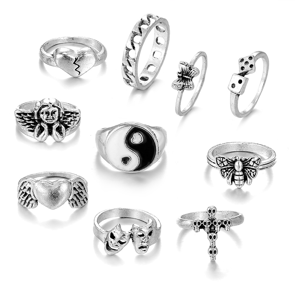 Set Cincin Desain Kerangka Sayap Malaikat Kupu-Kupu Dewa Asmara Warna Silver Gaya Punk Gothic Untuk Wanita Charms