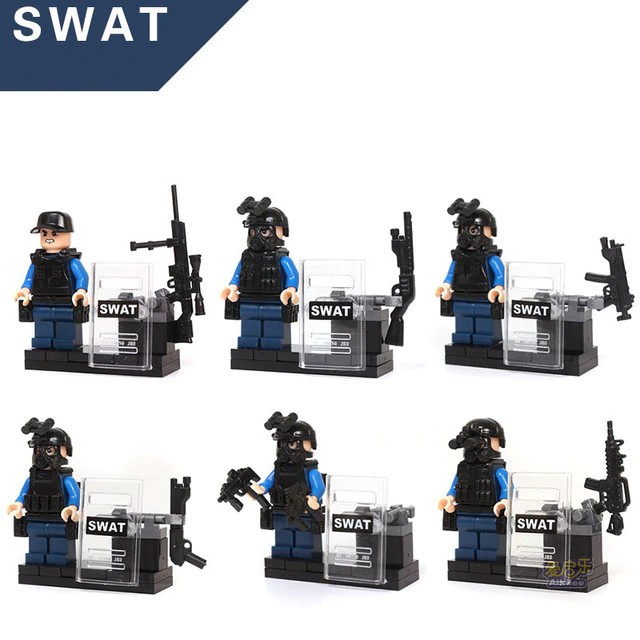 Mainan Lego Anak 6pcs City police SWAT team CS Commando Army soldiers with Weapon Gun Blocks