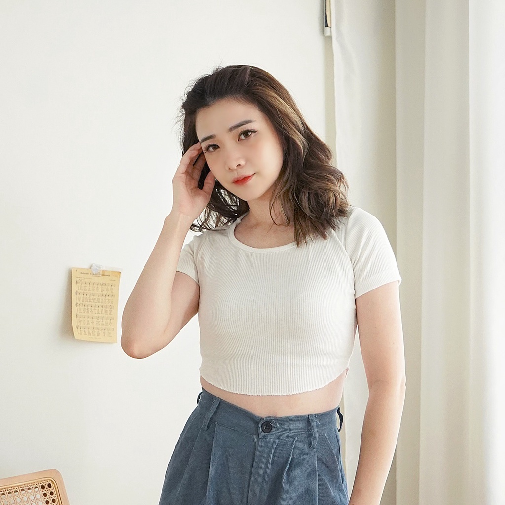 Korean Knit Crop Tee Unfinished Kaos Wanita Crop Top Korea 098