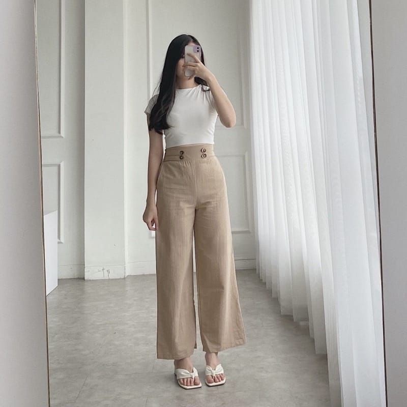 1KG MUAT 4PCS | DOUBLE BUTTON KULOT LINEN RAMI INDY PANTS HITS OOTD SELEBGRAM FASHION TERBEST SELLER