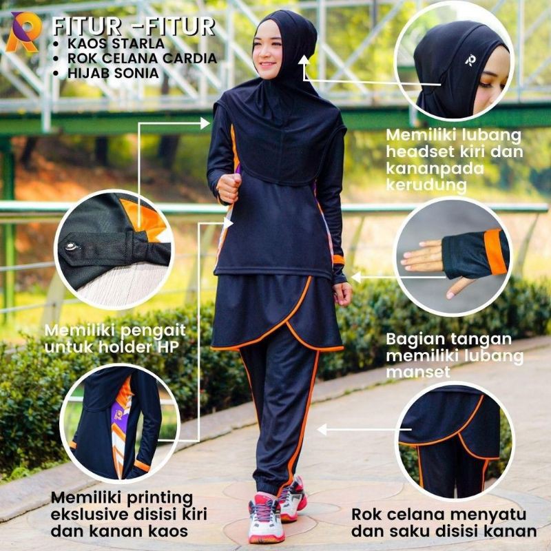 Set Baju Olahraga Rocella Moslem KAOS STARLA, ROK CELANA CARDIA, HIJAB SPORT SONIA