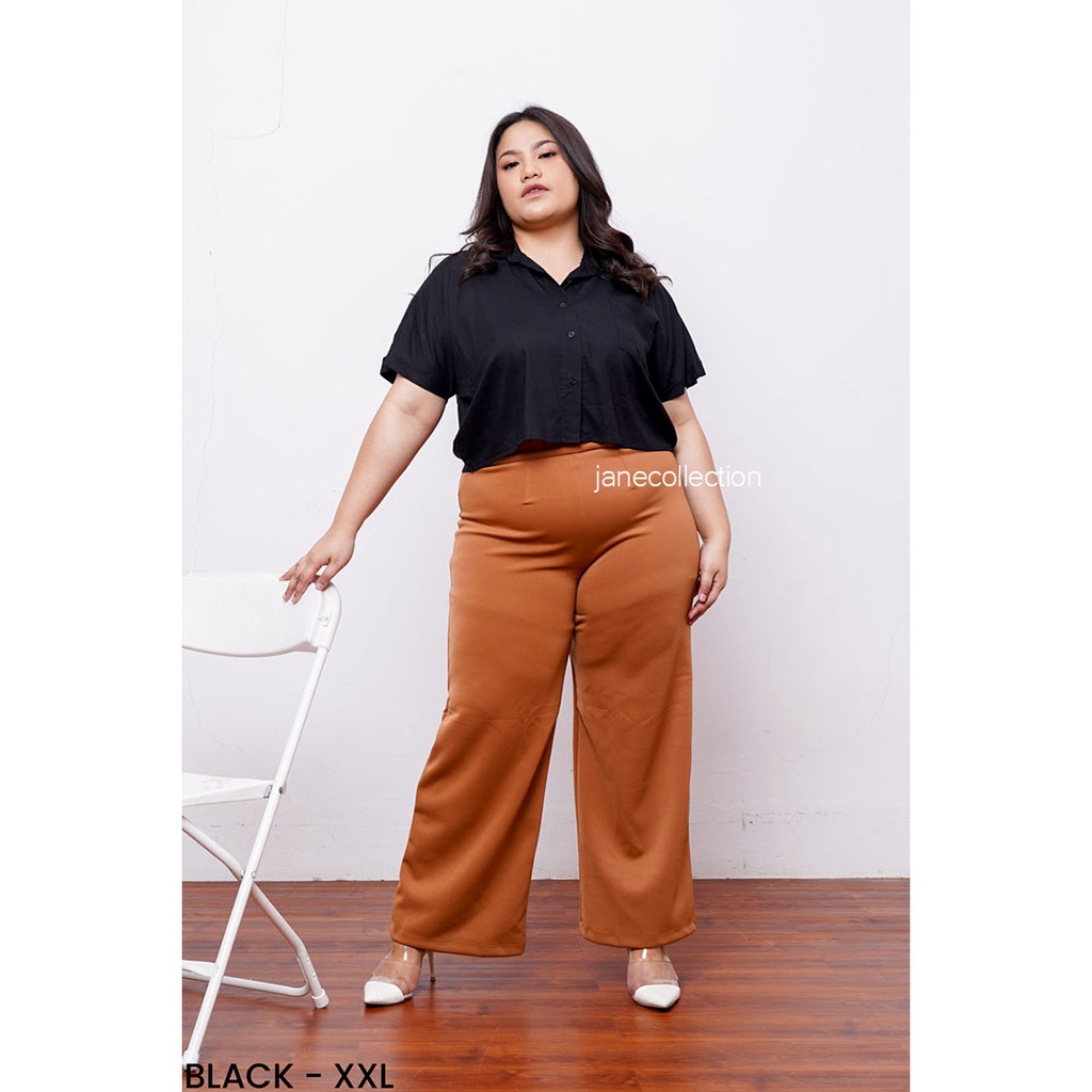 JANE COLLECTION || Kemeja Kerja Wanita Kancing Lengan Pendek M L XL XXL Ukuran Jumbo Oversize Crop Top Katun Rayon - Basic Crop Shirt