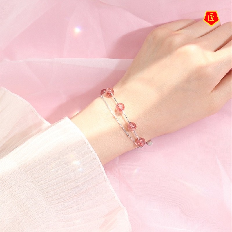 [Ready Stock]Double Layer Strawberry Quartz Silver Bracelet Female