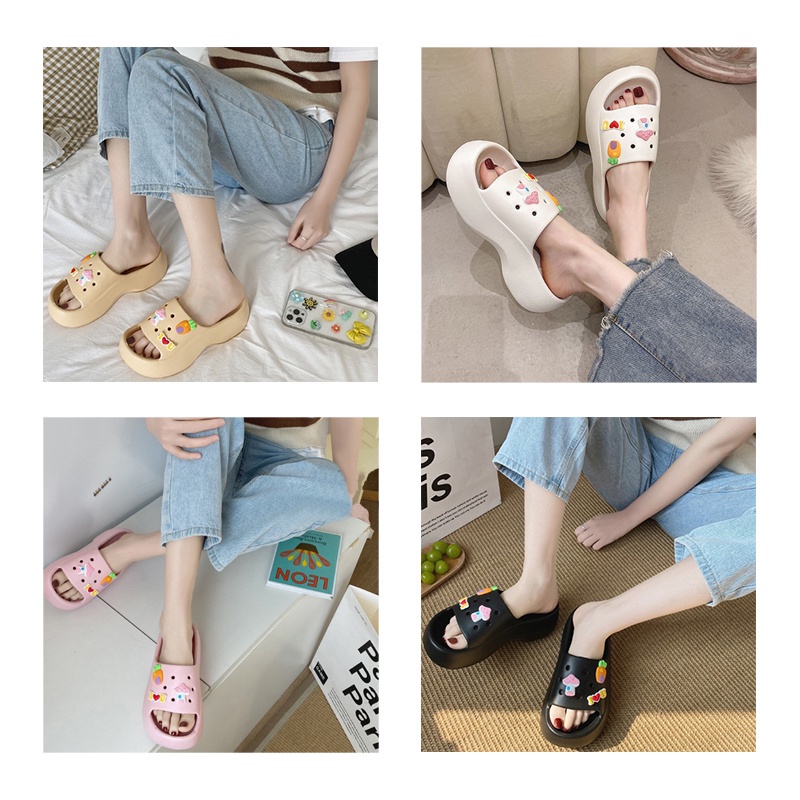 Lazy Bear Sandal Wedges Jibbitz Slip On / H14 Sendal Jalan-jalan Wanita Comfy EVA Korea / Sandal Jelly Fuji Motif Bear