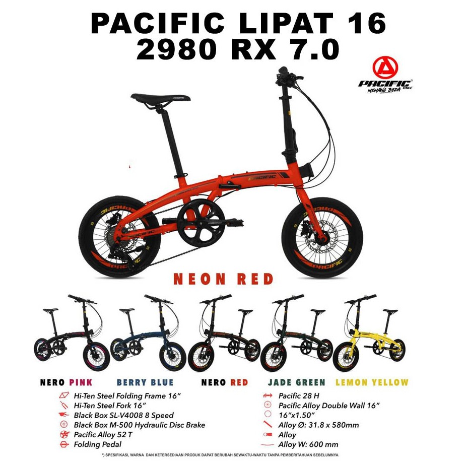 Mutiara Sepeda - SEPEDA LIPAT 16 PACIFIC 2980 RX 7.0 HIDROLIS CAKRAM VELG TINGGI 8 SPEED