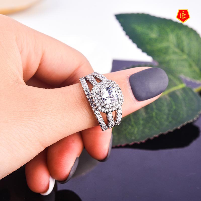 [Ready Stock]Luxury Elegant Three-Layer Diamond Inlaid Moissanite Ring