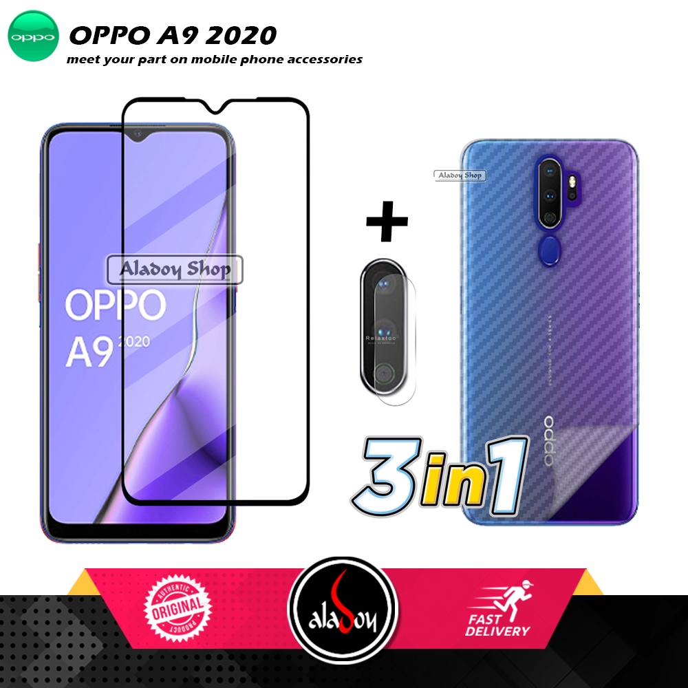 PAKET 3 IN 1 Tempered Glass Layar Oppo A9 2020 Free Tempered Glass Camera dan Skin Carbon