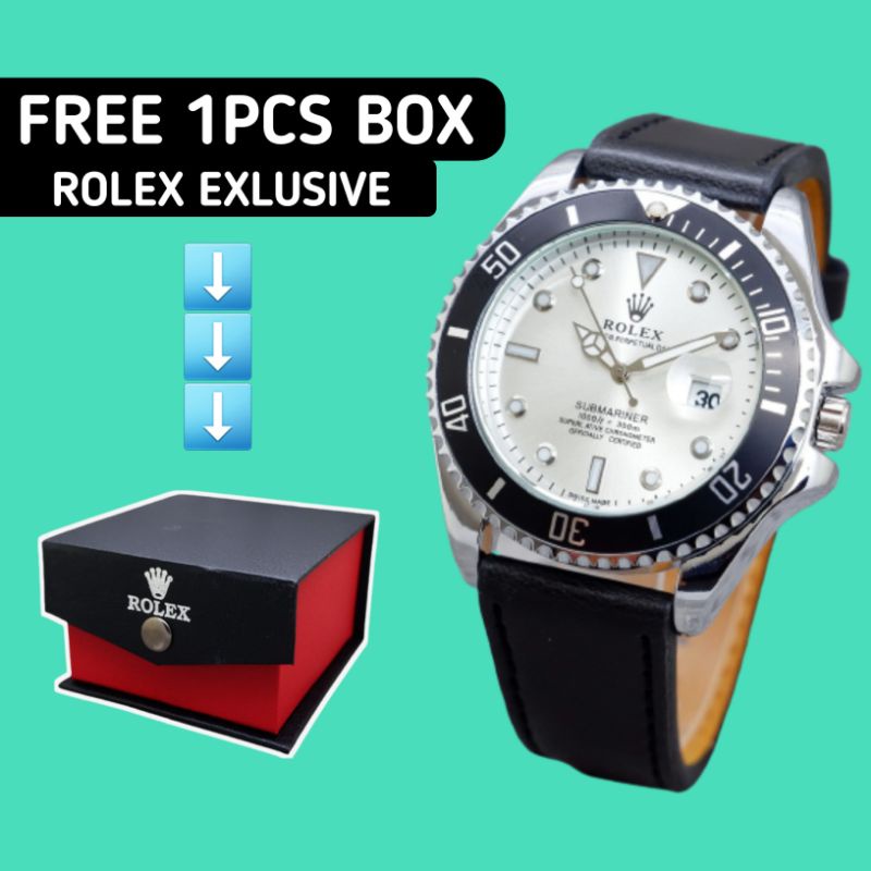 Jam Tangan Rolex Pria Tali Strap Kulit Premium Asli Tahan Air Tanggal Aktif Free Box