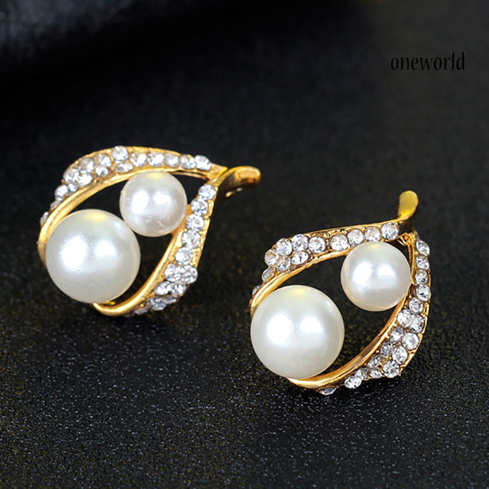 OW@ Wedding Bridal Imitation Pearl Rhinestone Hollow Stud Earrings Ring Necklace Set