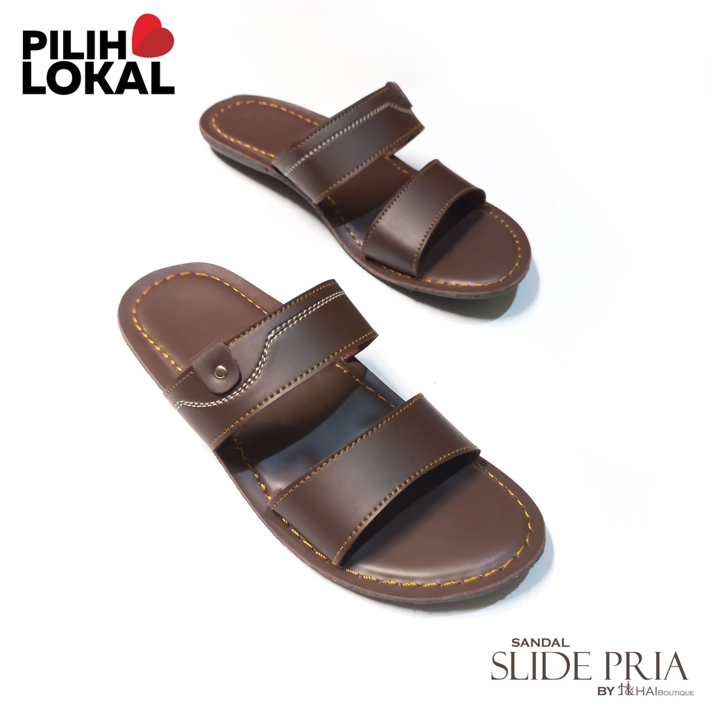 Sandal Pria Slide Kulit PU - Sandal Selop Pria Murah Keren - Sandal Casual Pria Kekinian - Sandal Pria Terbaru 2021 Sandal Cowok Kekinian - Sandal Pria Dewasa Terbaru Murah - Sandal Cowok Keren Coklat - Sandal Ban 2 Pria -  Sandal Pria Slip On Kokop Awet